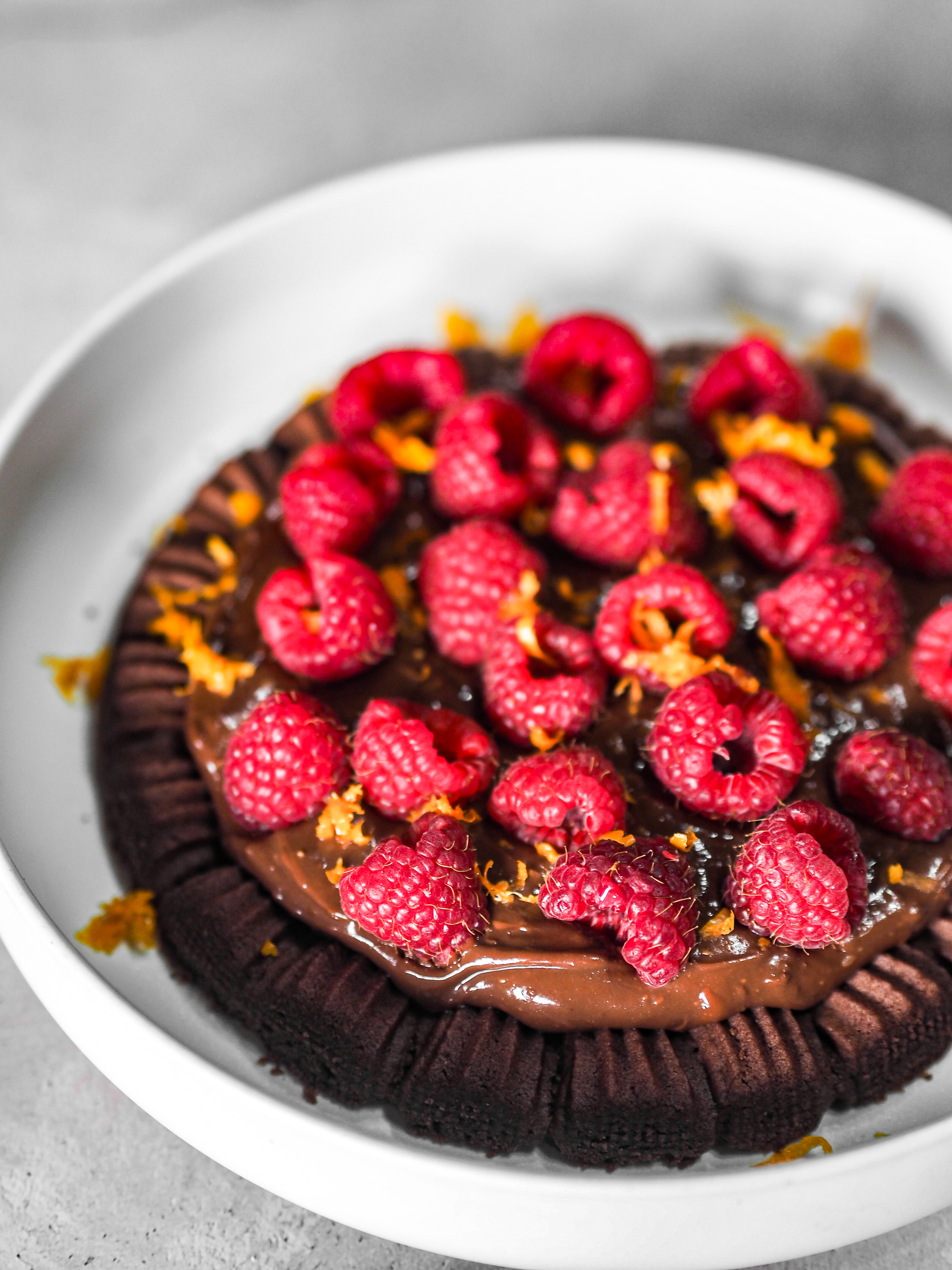 Crumbly Chocolate, Raspberry and Orange Tart