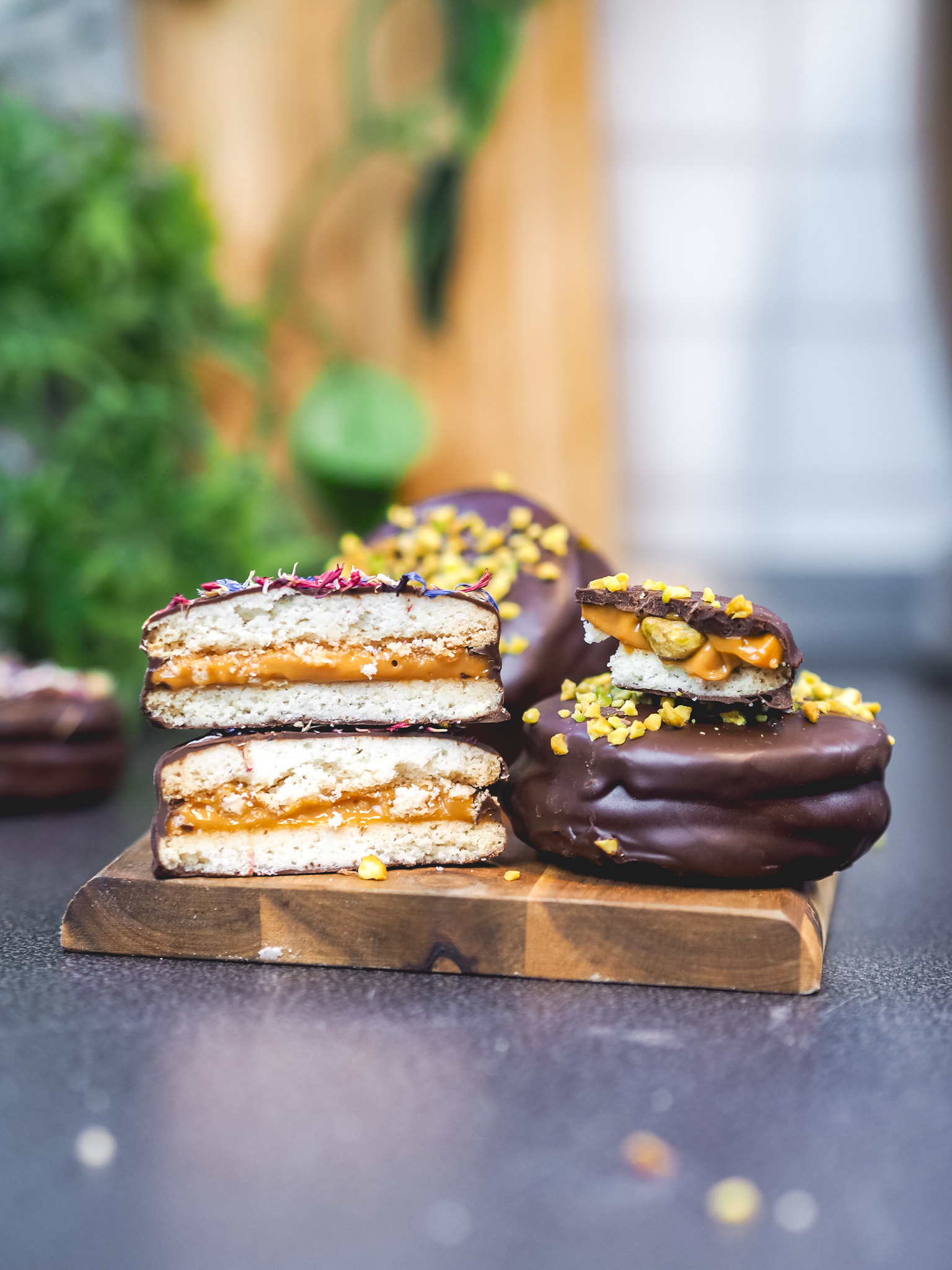 Caramel-Filled Cookies with Dark Chocolate Coating