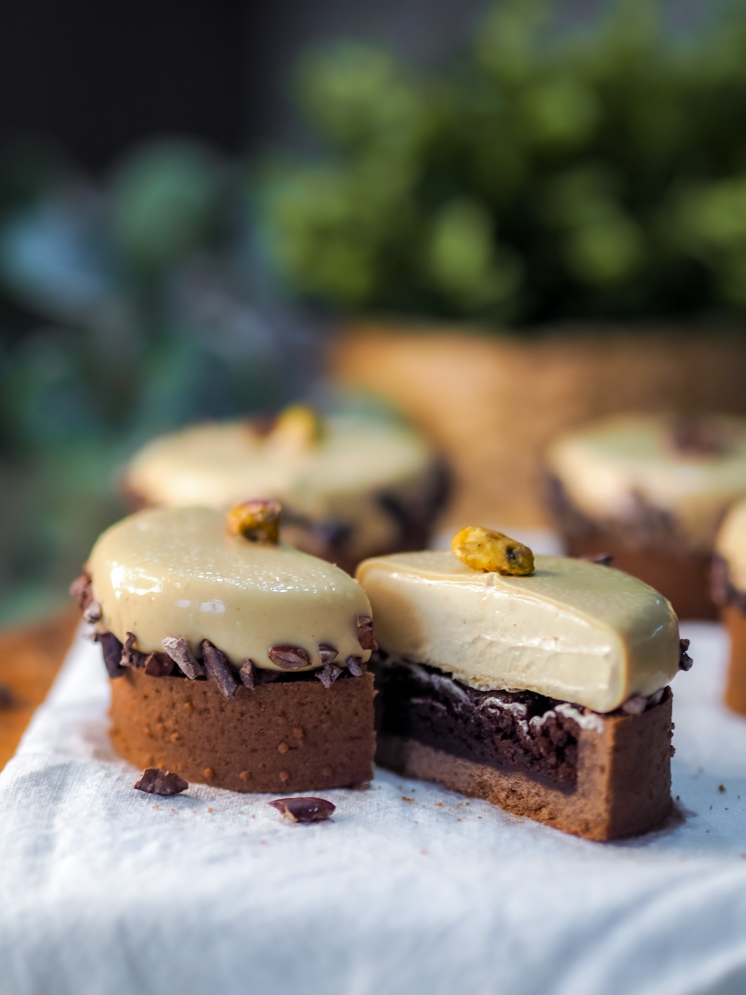 Cocoa and Pistachio Mousse Tarts