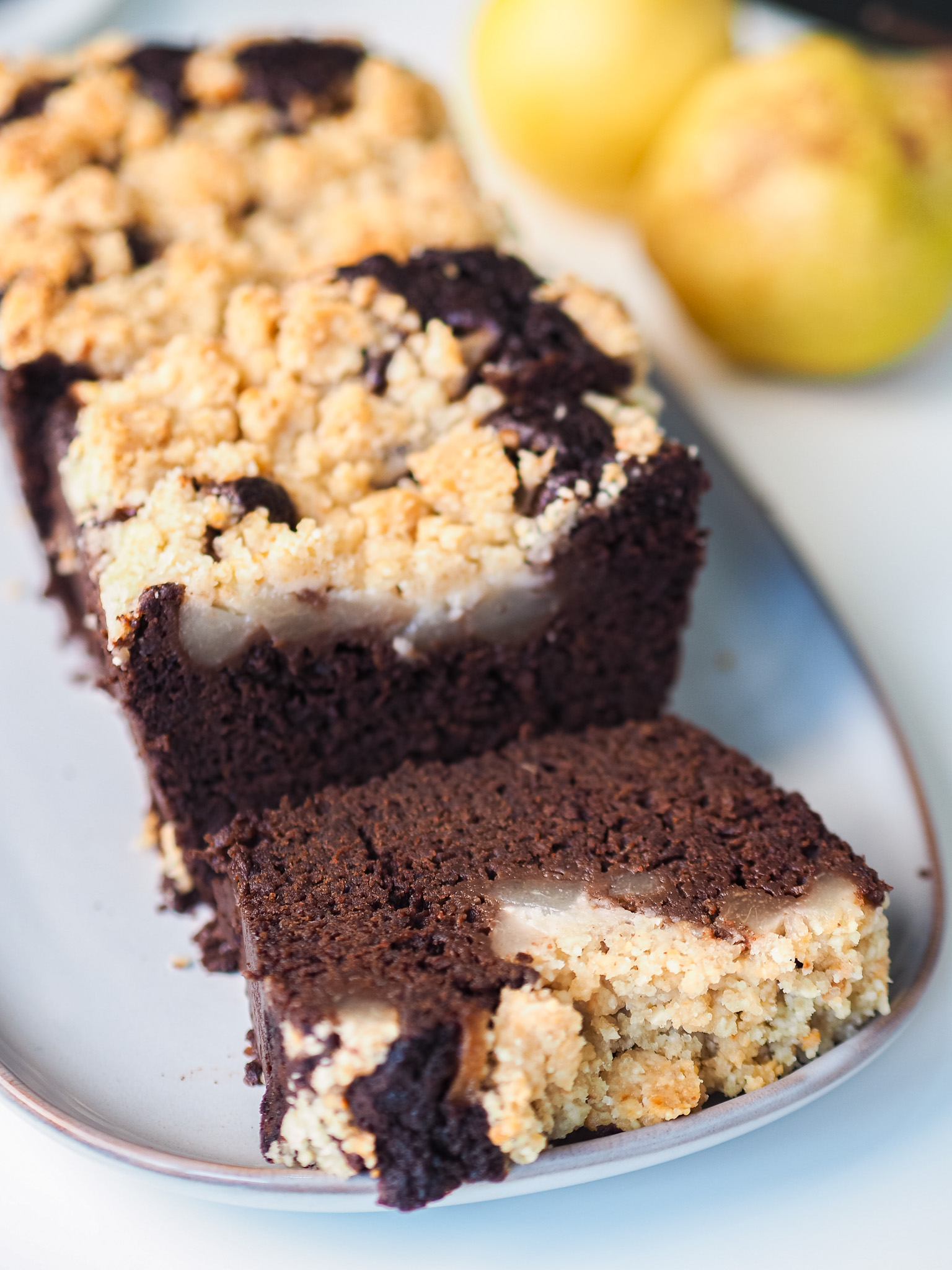 Pear and Cocoa Loaf Cake with Crumble